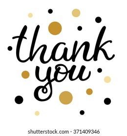 Hand drawn vector ink lettering "Thank you" on white background with black and gold dots