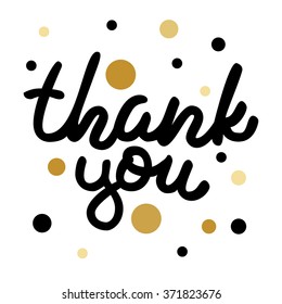 Hand drawn vector ink lettering "Thank you" on white background with black and gold dots