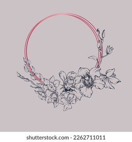 Hand drawn vector ink orchid flowers and branches, monochrome, detailed outline. Circle wreath composition. Viva magenta color. Design for wall art, wedding, print, tattoo, cover, card