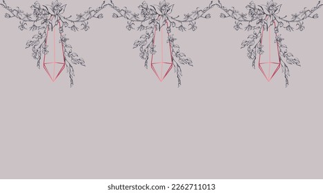 Flores y ramas de orquídeas de tinta vectorial dibujadas a mano, monocromo, contorno detallado. Pancarta horizontal sin costuras. Viva el color magenta. Diseño para arte mural, boda, impresión, tatuaje, portada, tarjeta
