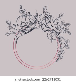 Handgezeichnete Vektorfarbe orchid Blumen und Äste, einfarbig, detaillierte Umrisse. Zirkelkranzzusammensetzung. Viva magenta Farbe. Design für Wandkunst, Hochzeit, Druck, Tätowierung, Cover, Karte