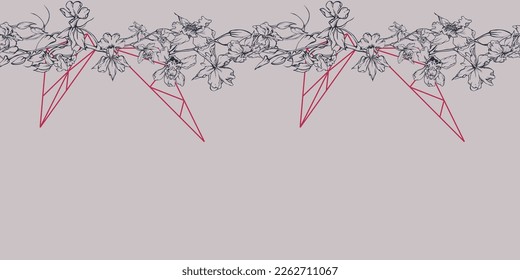 Handgezeichnete Vektorfarbe orchid Blumen und Äste, einfarbig, detaillierte Umrisse. Horizontales nahtloses Banner. Viva magenta Farbe. Design für Wandkunst, Hochzeit, Druck, Tätowierung, Cover, Karte