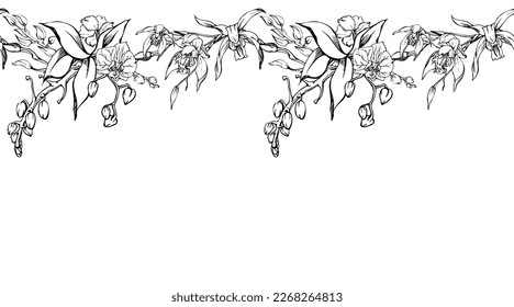 Hand drawn vector ink orchid flowers and branches, monochrome, detailed outline. Horizontal seamless banner. Isolated on white background. Design for wall art, wedding, print, tattoo, cover, card