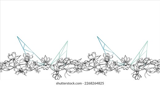 Flores y ramas de orquídeas de tinta vectorial dibujadas a mano, monocromo, contorno detallado. Pancarta horizontal sin costuras. Aislado sobre fondo blanco. Diseño para arte mural, boda, impresión, tatuaje, portada, tarjeta