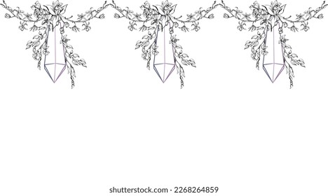 Flores y ramas de orquídeas de tinta vectorial dibujadas a mano, monocromo, contorno detallado. Pancarta horizontal sin costuras. Aislado sobre fondo blanco. Diseño para arte mural, boda, impresión, tatuaje, portada, tarjeta