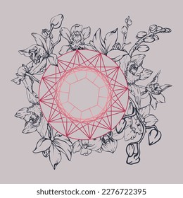Hand drawn vector ink orchid flowers and branches, monochrome, detailed outline. Composition with crystal form. Viva magenta color. Design for wall art, wedding, print, tattoo, cover, card