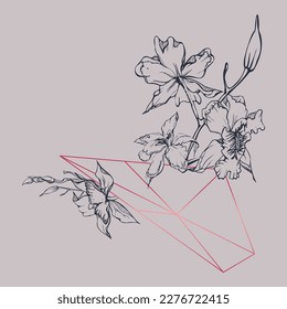 Hand drawn vector ink orchid flowers and branches, monochrome, detailed outline. Composition with crystal form. Viva magenta color. Design for wall art, wedding, print, tattoo, cover, card