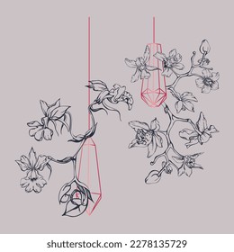 Hand drawn vector ink orchid flowers and branches, monochrome, detailed outline. Composition with crystal form. Viva magenta color. Design for wall art, wedding, print, tattoo, cover, card