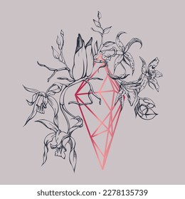 Handgezeichnete Vektorfarbe orchid Blumen und Äste, einfarbig, detaillierte Umrisse. Komposition mit Kristallform. Viva magenta Farbe. Design für Wandkunst, Hochzeit, Druck, Tätowierung, Cover, Karte