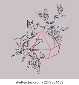 Hand drawn vector ink orchid flowers and branches, monochrome, detailed outline. Composition with crystal form. Viva magenta color. Design for wall art, wedding, print, tattoo, cover, card