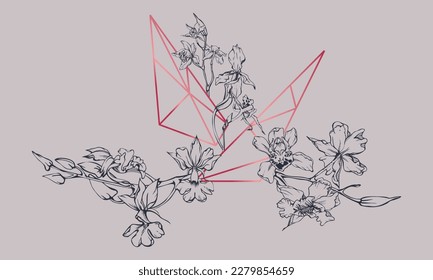 Flores y ramas de orquídeas de tinta vectorial dibujadas a mano, monocromo, contorno detallado. Composición con forma de cristal. Viva el color magenta. Diseño para arte mural, boda, impresión, tatuaje, portada, tarjeta