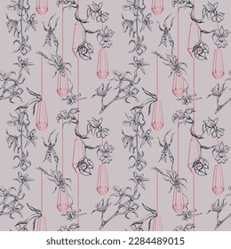 Hand drawn vector ink orchid flowers and branches, monochrome, detailed outline. Seamless pattern with crystal forms. Viva magenta color. For wall art, wedding, print, tattoo, cover, card