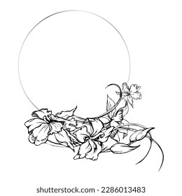 Hand drawn vector ink orchid flowers and branches, monochrome, detailed outline. Circle wreath composition. Isolated on white background. Design for wall art, wedding, print, tattoo, cover, card