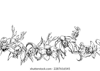 Hand drawn vector ink orchid flowers and branches, monochrome, detailed outline. Horizontal seamless banner. Isolated on white background. Design for wall art, wedding, print, tattoo, cover, card