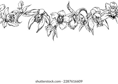 Hand drawn vector ink orchid flowers and branches, monochrome, detailed outline. Horizontal seamless banner. Isolated on white background. Design for wall art, wedding, print, tattoo, cover, card