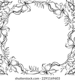 Flores y ramas de orquídeas de tinta vectorial dibujadas a mano, monocromo, contorno detallado. Composición de la corona circular. Aislado sobre fondo blanco. Diseño para arte mural, boda, impresión, tatuaje, portada, tarjeta
