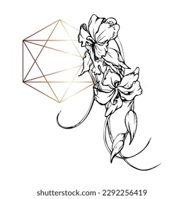 Flores y ramas de orquídeas de tinta vectorial dibujadas a mano, monocromo, contorno detallado. Composición con forma de cristal. Aislado sobre fondo blanco. Diseño para arte mural, boda, impresión, tatuaje, portada, tarjeta