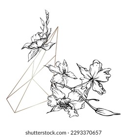 Hand drawn vector ink orchid flowers and branches, monochrome, detailed outline. Composition with crystal form. Isolated on white background. Design for wall art, wedding, print, tattoo, cover, card