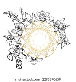 Hand drawn vector ink orchid flowers and branches, monochrome, detailed outline. Composition with crystal form. Isolated on white background. Design for wall art, wedding, print, tattoo, cover, card
