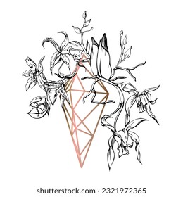 Flores y ramas de orquídeas de tinta vectorial dibujadas a mano, monocromo, contorno detallado. Composición con forma de cristal. Aislado sobre fondo blanco. Diseño para arte mural, boda, impresión, tatuaje, portada, tarjeta