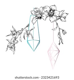 Hand drawn vector ink orchid flowers and branches, monochrome, detailed outline. Composition with crystal form. Isolated on white background. Design for wall art, wedding, print, tattoo, cover, card