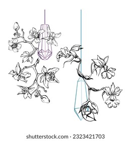 Hand drawn vector ink orchid flowers and branches, monochrome, detailed outline. Composition with crystal form. Isolated on white background. Design for wall art, wedding, print, tattoo, cover, card