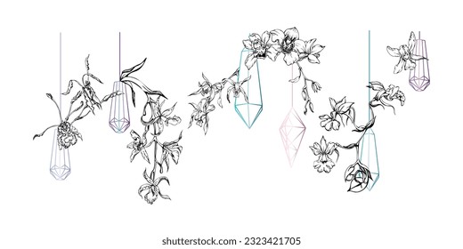 Flores y ramas de orquídeas de tinta vectorial dibujadas a mano, monocromo, contorno detallado. Composición con forma de cristal. Aislado sobre fondo blanco. Diseño para arte mural, boda, impresión, tatuaje, portada, tarjeta