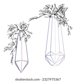 Flores y ramas de orquídeas de tinta vectorial dibujadas a mano, monocromo, contorno detallado. Composición con forma de cristal. Aislado sobre fondo blanco. Diseño para arte mural, boda, impresión, tatuaje, portada, tarjeta