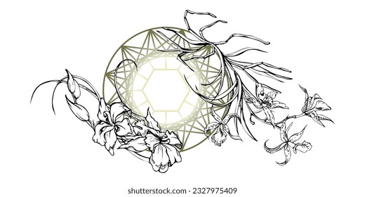 Flores y ramas de orquídeas de tinta vectorial dibujadas a mano, monocromo, contorno detallado. Composición con forma de cristal. Aislado sobre fondo blanco. Diseño para arte mural, boda, impresión, tatuaje, portada, tarjeta