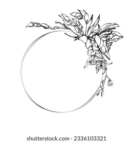Hand drawn vector ink orchid flowers and branches, monochrome, detailed outline. Circle wreath composition. Isolated on white background. Design for wall art, wedding, print, tattoo, cover, card
