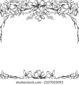 Hand drawn vector ink orchid flowers and branches, monochrome, detailed outline. Square frame composition. Isolated on white background. Design for wall art, wedding, print, tattoo, cover, card