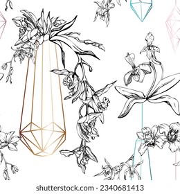 Hand drawn vector ink orchid flowers and branches, monochrome, detailed outline. Seamless pattern with crystal forms. Isolated on white background. For wall art, wedding, print, tattoo, cover, card