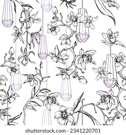 Hand drawn vector ink orchid flowers and branches, monochrome, detailed outline. Seamless pattern with crystal forms. Isolated on white background. For wall art, wedding, print, tattoo, cover, card