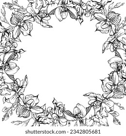 Hand drawn vector ink orchid flowers and branches, monochrome, detailed outline. Circle wreath composition. Isolated on white background. Design for wall art, wedding, print, tattoo, cover, card