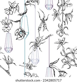 Handgezeichnete Vektorfarbe orchid Blumen und Äste, einfarbig, detaillierte Umrisse. Nahtloses Muster mit Kristallformen. Einzeln auf weißem Hintergrund. Für Tapete, Hochzeit, Druck, Tätowierung, Cover, Karte