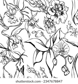 Hand drawn vector ink orchid flowers and branches, monochrome, detailed outline. Seamless pattern with crystal forms. Isolated on white background. For wall art, wedding, print, tattoo, cover, card