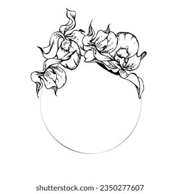 Flores y ramas de orquídeas de tinta vectorial dibujadas a mano, monocromo, contorno detallado. Composición de la corona circular. Aislado sobre fondo blanco. Diseño para arte mural, boda, impresión, tatuaje, portada, tarjeta