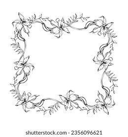 Flores y ramas de orquídeas de tinta vectorial dibujadas a mano, monocromo, contorno detallado. Composición horizontal del marco. Aislado sobre fondo blanco. Diseño para arte mural, boda, impresión, tatuaje, portada, tarjeta