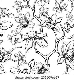 Hand drawn vector ink orchid flowers and branches, monochrome, detailed outline. Seamless pattern with crystal forms. Isolated on white background. For wall art, wedding, print, tattoo, cover, card