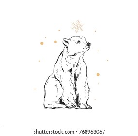 Hand Drawn Vector Ink Shabby Drawing Illustration Design Element With Polar Bear Isolated On White Background.