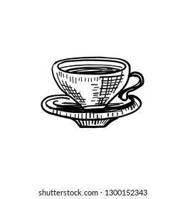 Hand drawn vector ink sketch cup isolated on white background, decorative vintage silhouette dishware for design packaging tea, coffee, restaurant menu, greeting card for tea party, organic shop