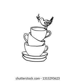 Hand drawn vector ink sketch cup with bird isolated on white, decorative vintage line art silhouette dishware for design retro packaging tea, coffee, restaurant menu, greeting card for tea party