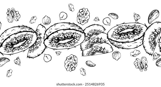 Tinta vetorial desenhada à mão fatiado kiwi frutas e nozes misturam-se para a dieta, estilo de vida saudável, cozinha vegan. Ilustração borda sem costura isolada no fundo branco. Projetar livro de receitas, site, cartão, menu