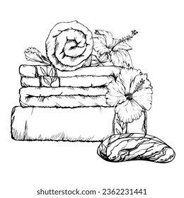 Hand drawn vector ink spa skincare towels bath beauty products package. Horizontal composition. Isolated on white background. Design for wall art, wellness resort, print, fabric, cover, card, booklet.