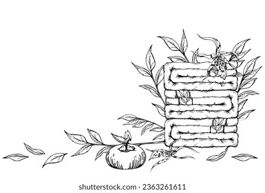 Hand drawn vector ink spa skincare towels bath beauty products package. Horizontal composition. Isolated on white background. Design for wall art, wellness resort, print, fabric, cover, card, booklet.