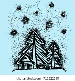 Hand drawn vector ink winter forest