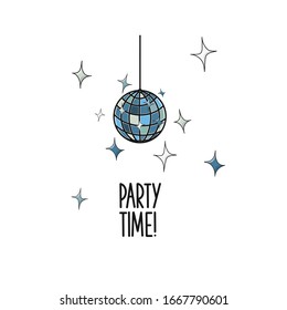 Hand drawn vector invitation card design with disco ball and stars. For flyer, banner, web design, invitation or poster.