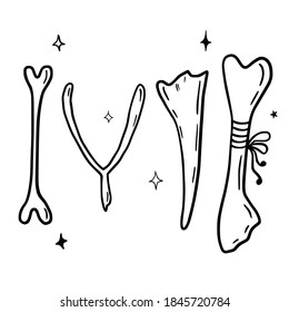 Hand drawn vector isolated animal bones icon. Black outline illustration of ritual bones. Witchcraft aesthetic tools.