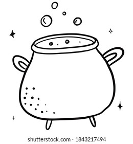 Hand drawn vector isolated cauldron icon. Black outline illustration of cauldron. Witchcraft aesthetic tools. 