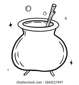 Hand drawn vector isolated cauldron icon. Black outline illustration of cauldron. Witchcraft aesthetic tools.